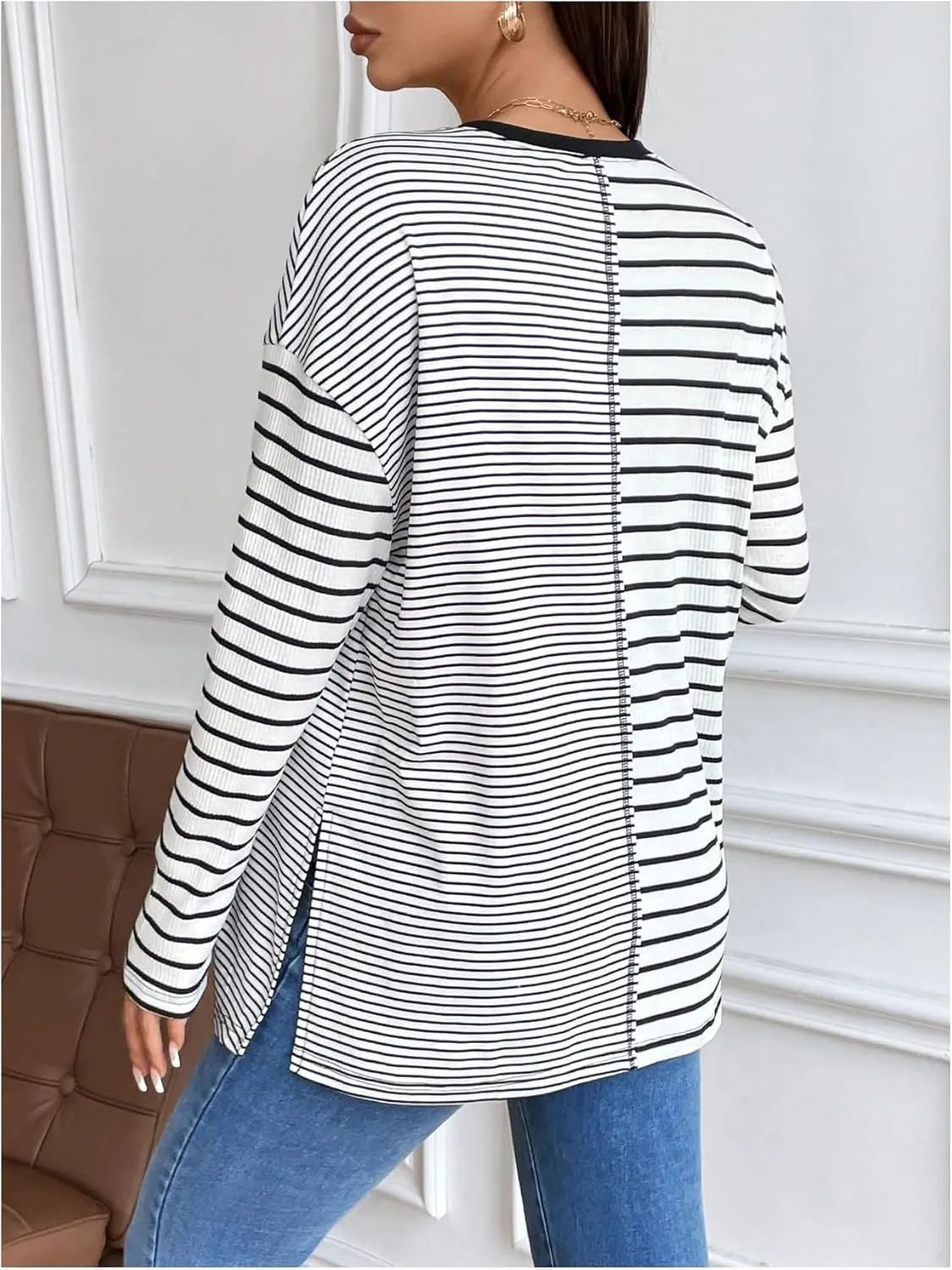 Women's Maternity Knitted Tee Shirt Striped Long Sleeve Crew Neck Pregnancy Tops
