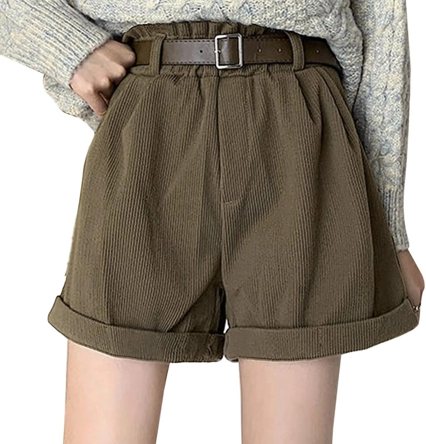 Womens Summer Shorts High Waisted Cuffed Hem Corduroy Shorts Wide Leg Lounge Baggy Short Pants with Pockets
