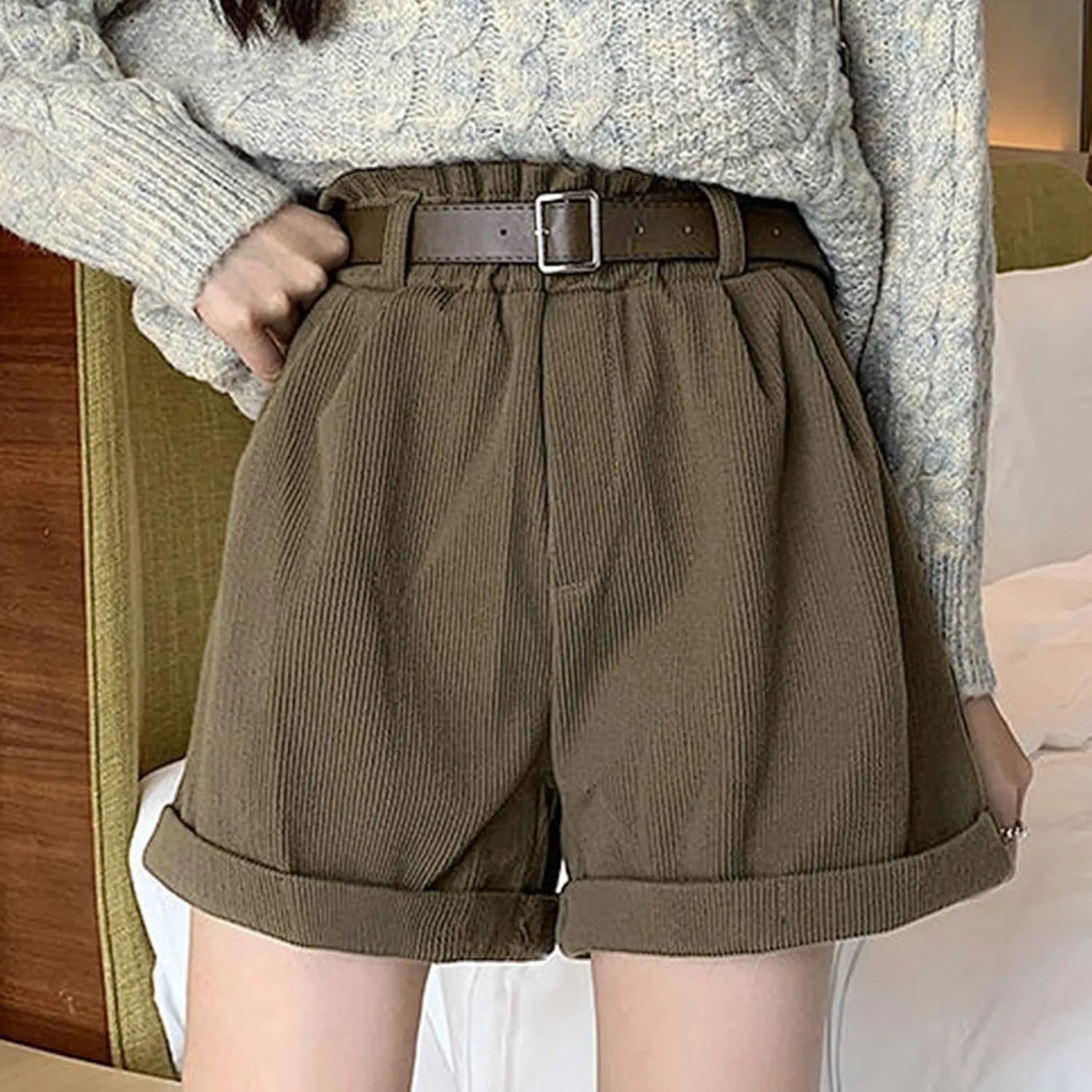Womens Summer Shorts High Waisted Cuffed Hem Corduroy Shorts Wide Leg Lounge Baggy Short Pants with Pockets