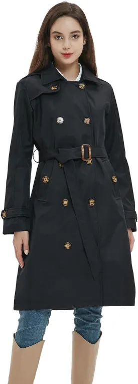 Womens Trench Coat Double-Breasted Long windbreak Belted Slim Outerwear Coat with Detachable Hood S-2XL
