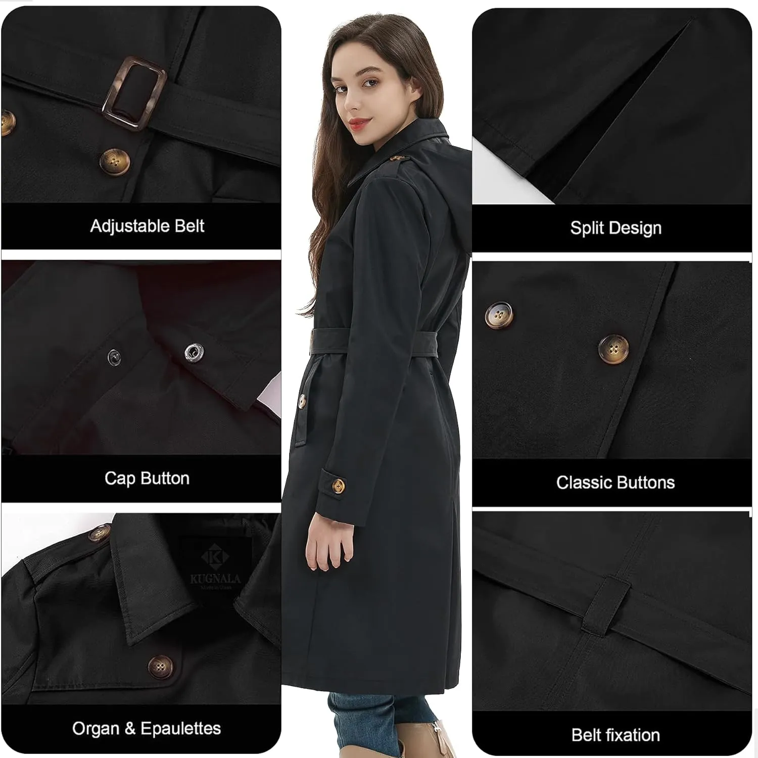 Womens Trench Coat Double-Breasted Long windbreak Belted Slim Outerwear Coat with Detachable Hood S-2XL