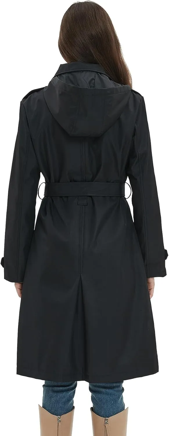 Womens Trench Coat Double-Breasted Long windbreak Belted Slim Outerwear Coat with Detachable Hood S-2XL
