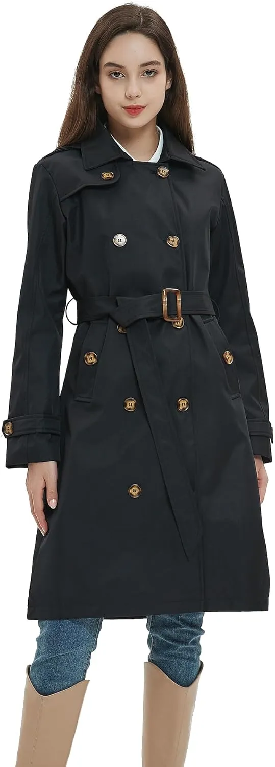 Womens Trench Coat Double-Breasted Long windbreak Belted Slim Outerwear Coat with Detachable Hood S-2XL