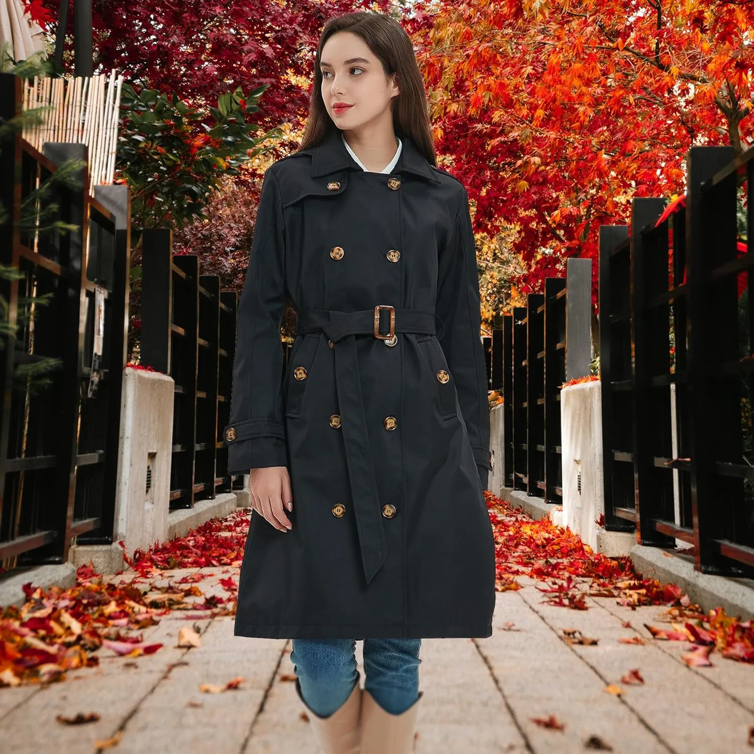 Womens Trench Coat Double-Breasted Long windbreak Belted Slim Outerwear Coat with Detachable Hood S-2XL