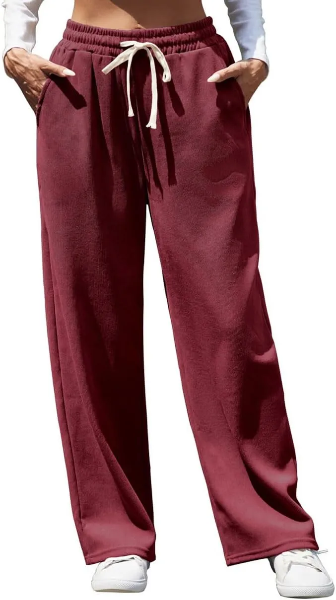Womens Wide Leg Corduroy Elastic Waisted Casual Palazzo Pants Adjustable Drawstring Warm Trousers with Pockets
