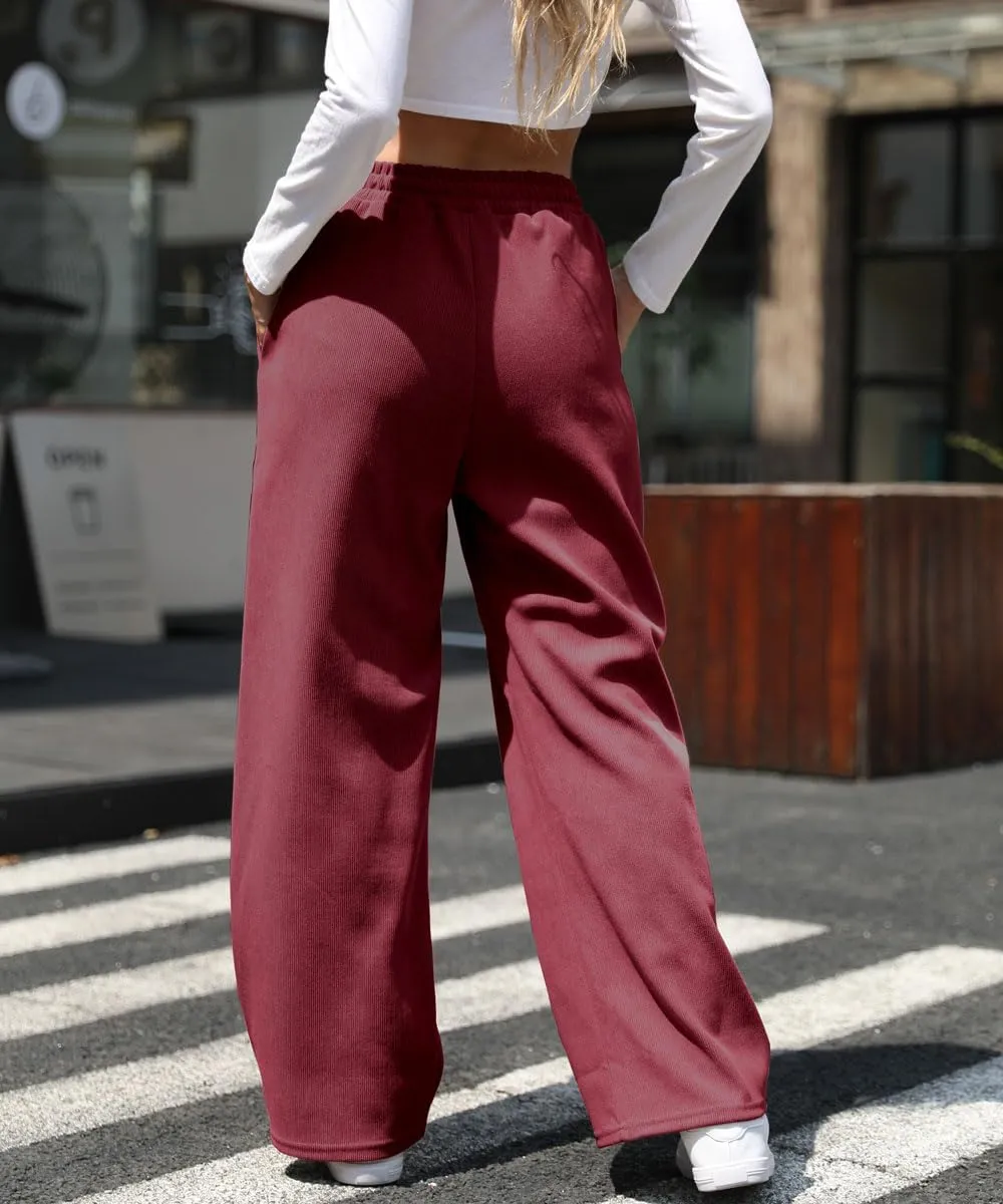 Womens Wide Leg Corduroy Elastic Waisted Casual Palazzo Pants Adjustable Drawstring Warm Trousers with Pockets