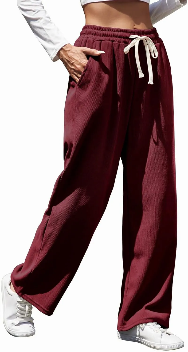 Womens Wide Leg Corduroy Elastic Waisted Casual Palazzo Pants Adjustable Drawstring Warm Trousers with Pockets