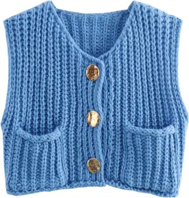 YKR Womens Chunky Knit Sweater Vest Sleeveless Button Down Cropped Cardigan Casual Knitted Crochet Vest with Pockets